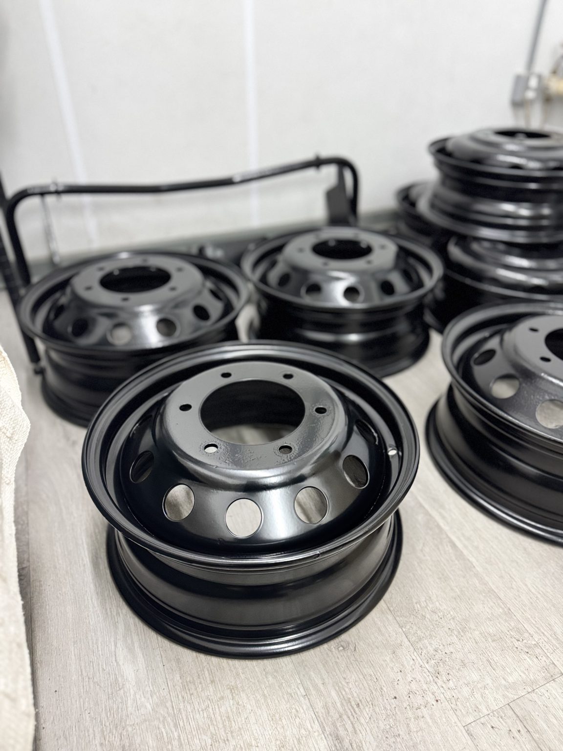 Gloss black powder coated steel wheels