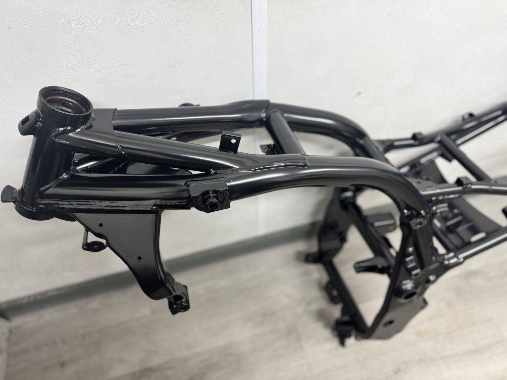 Gloss black powder coated motorcycle frame