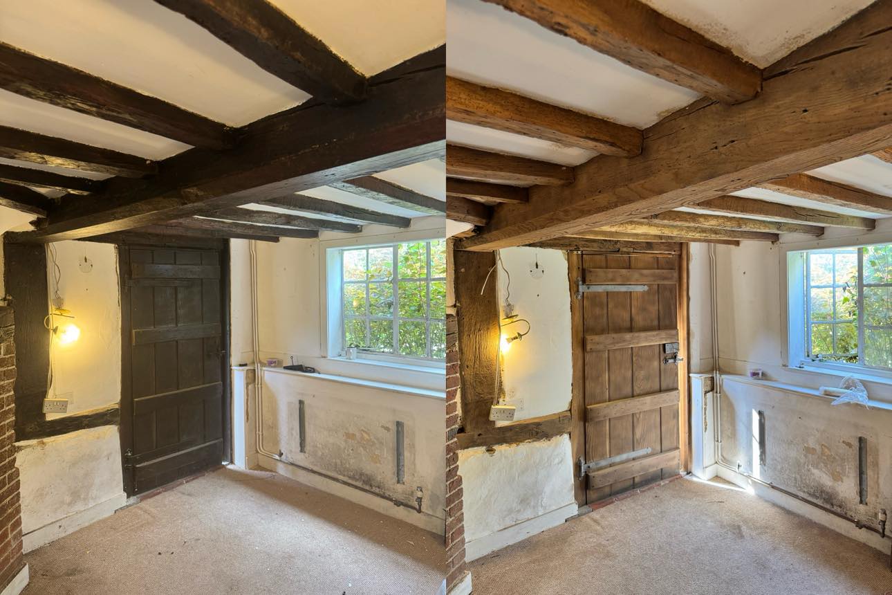Oak beams before and after sandblasting