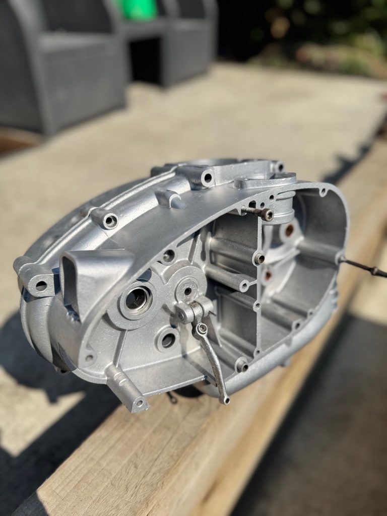 Vapour blasted classic motorcycle engine casing, restored to a smooth aluminium finish by TB Blast Cleaning in Sussex.