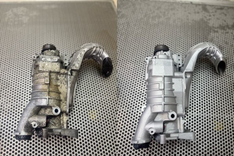 Before and after vapour blasting of aluminium supercharger by TB Blast Cleaning in East Sussex