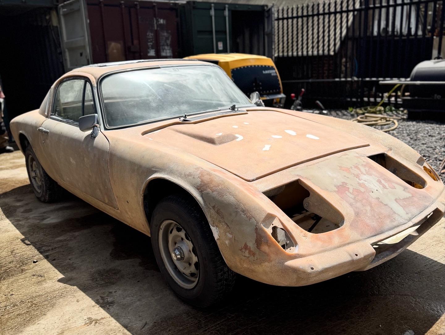 Lotus Elan fibreglass body shell professionally sandblasted by TB Blast Cleaning in Hailsham, East Sussex for classic car restoration.