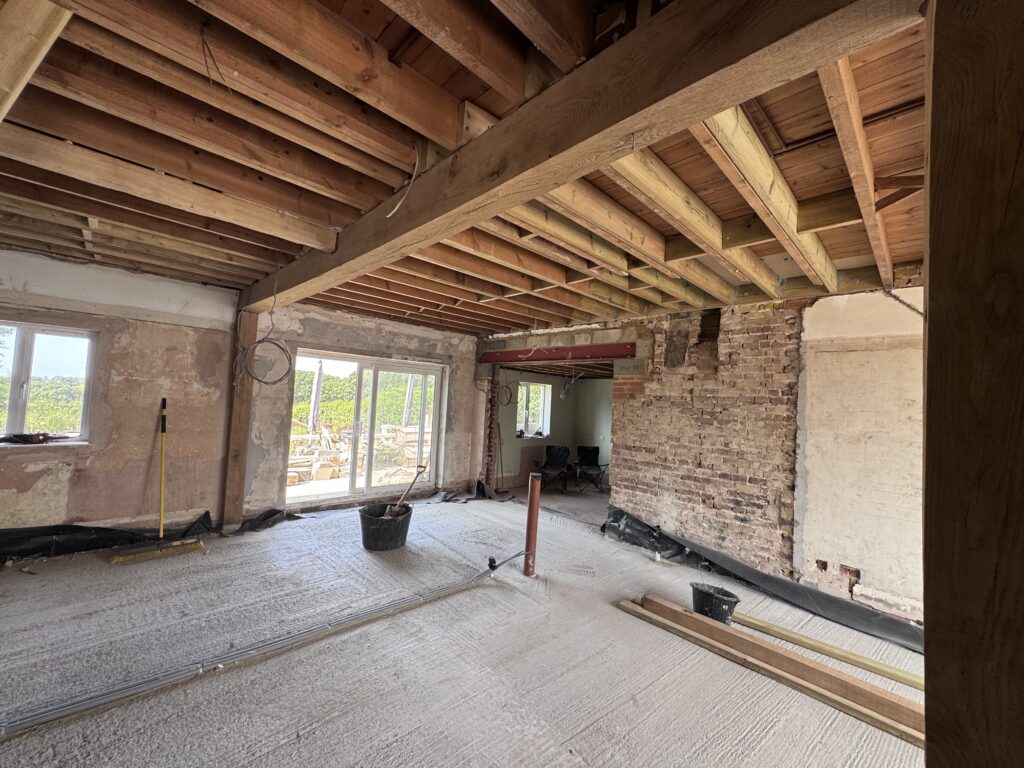 Oak ceiling beams after sandblasting