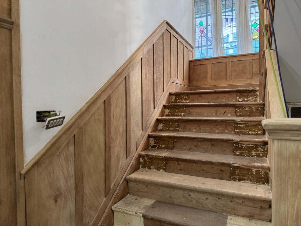 Oak stair rail after soda blasting, treads left, Brighton