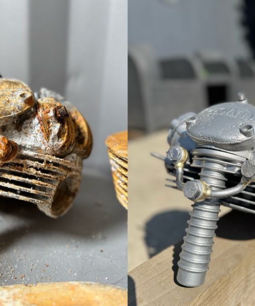 Before and after vapour blasting of a vintage Ducati motorcycle engine by TB Blast Cleaning in East Sussex