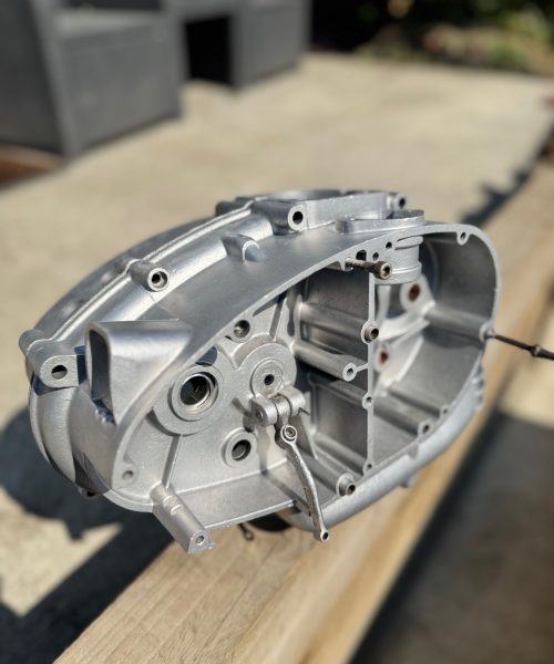 Vapour blasted classic motorcycle engine casing, restored to a smooth aluminium finish by TB Blast Cleaning in Sussex.